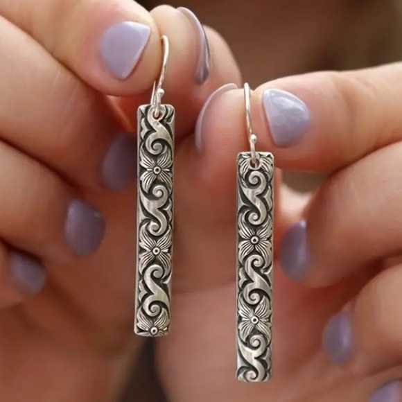 Silver Boho Floral Engraved Drop Earrings - Picture 1 of 4